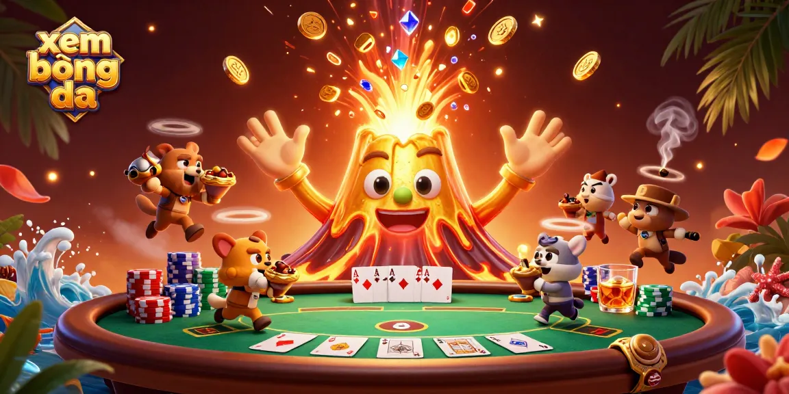 Experience xem bóng đá with a triumphant volcanic eruption of coins and treasures amidst a vibrant casino scene.