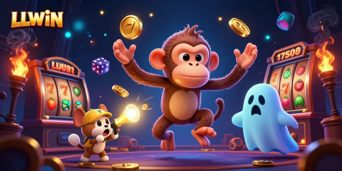LLWIN showcases an exciting 3D casino scene with vibrant slot elements and a mischievous ghost, enhancing online gaming.