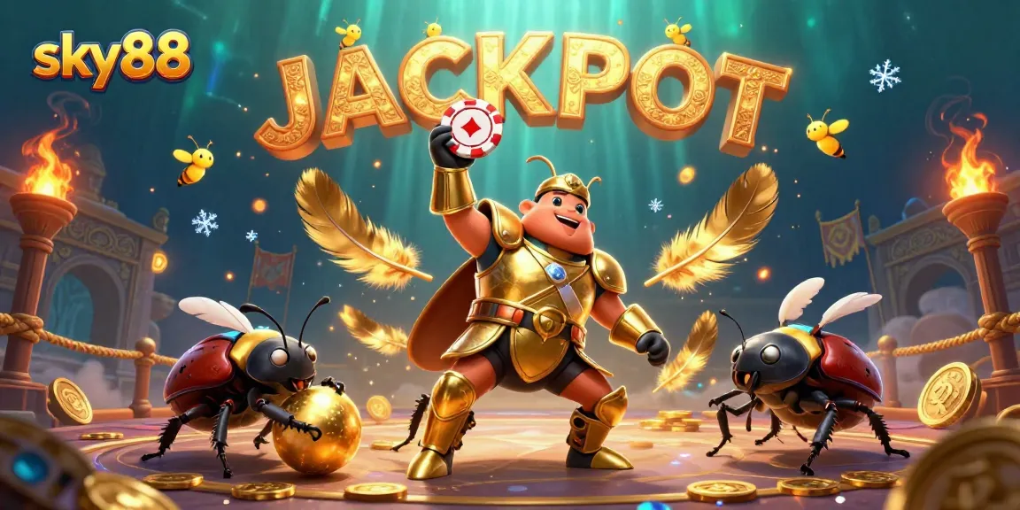 sky88 celebrates wins with a heroic beetle lifting a poker chip and a rolling ball sidekick in a dynamic casino scene