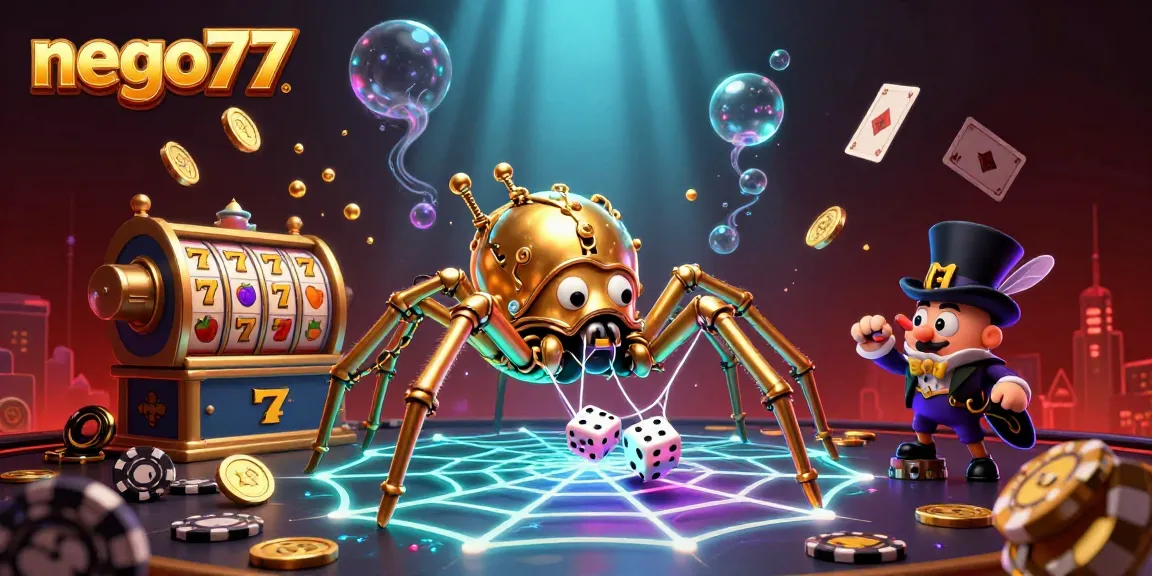 Nego77 captures players' excitement with a dynamic steampunk spider scene amidst casino elements.