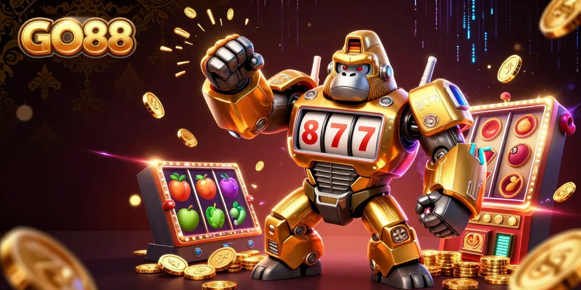 Experience thrilling gameplay with GO88's golden gorilla mech smashing through slot machines and pouring out coins.