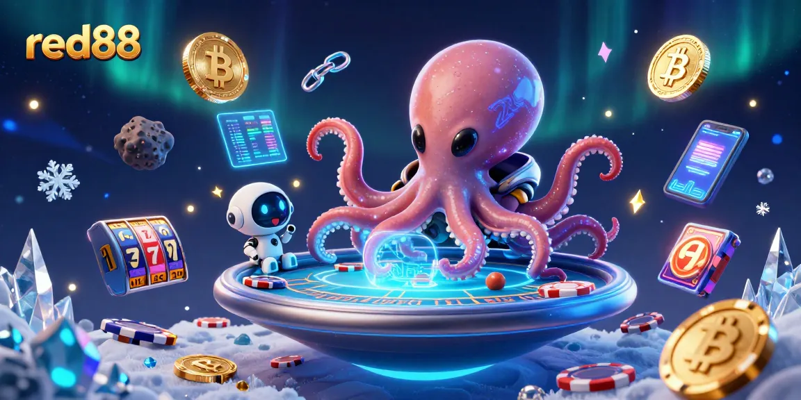 red88 alien-themed poker scene with a cosmic octopus, unique 3D elements like Bitcoin coins