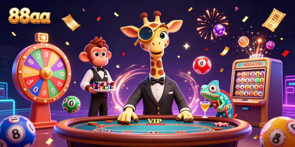 Engage with 88aa gaming action as a giraffe, monkey, and chameleon celebrate wins together!