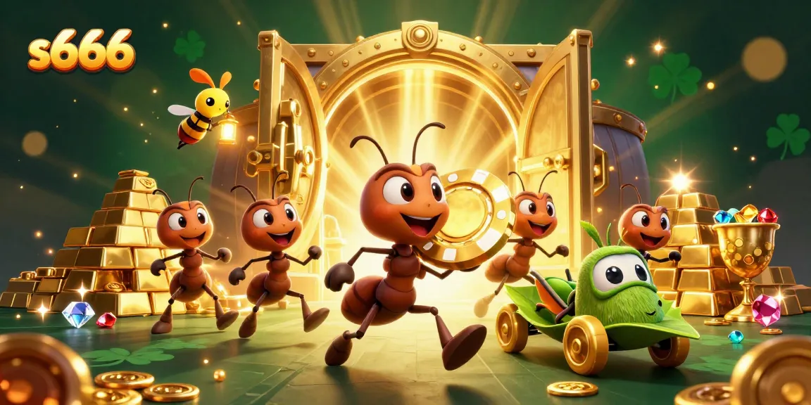 Experience the thrilling heist of ants in the vibrant world of s666, capturing golden poker chips under sparkling treasures.