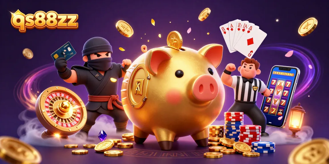 Win endless rewards at qs88zz with a vibrant 3D scene showcasing dynamic casino elements.