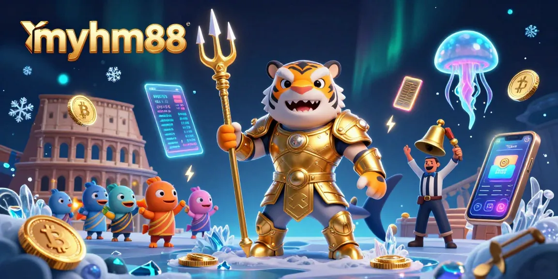 Experience thrilling casino adventures with myhm88 featuring a shark in gladiator armor amidst vibrant gambling elements.
