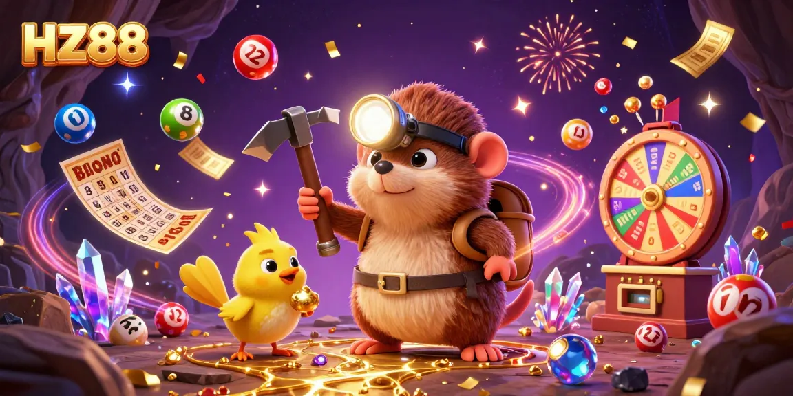 Experience HZ88 with vibrant lottery excitement and a treasure hunting mole in a dazzling cave