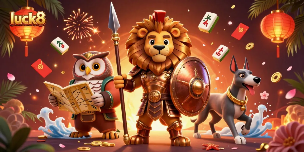 Luck8's Spartan lion leads a vibrant casino scene filled with festive elements and golden treasures.