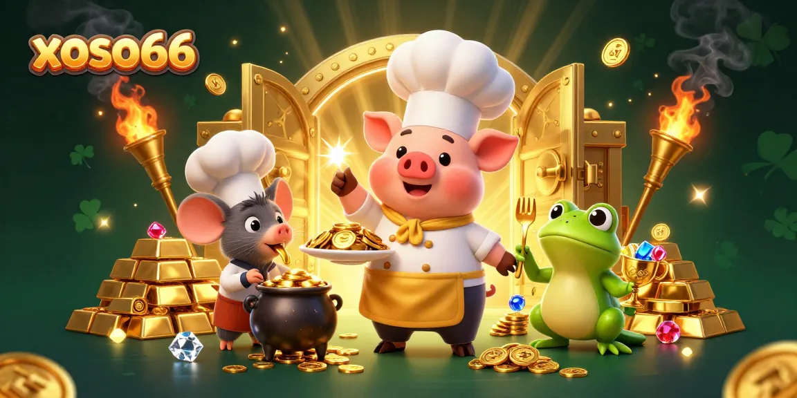 xoso66 engages players with gold coins and treasures in a lively 3D illustration of a casino scene.