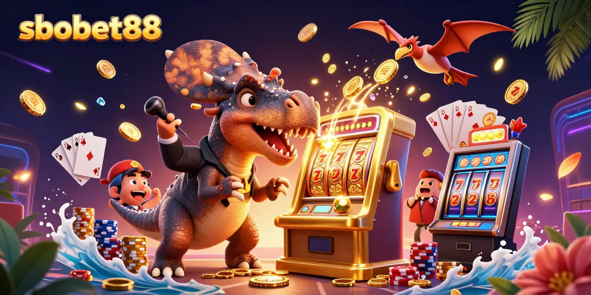 Slot jackpot sbobet88 dengan dinosaurus dan manajer kasino yang panik, bersinar dengan koin emas.