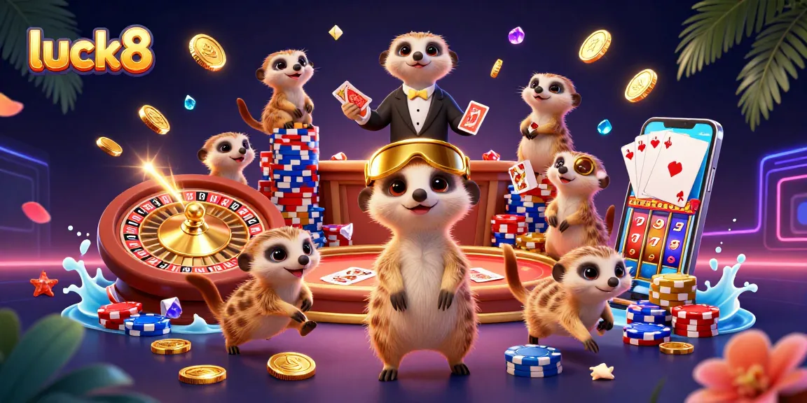 Experience luck8's exciting casino scene with meerkats, vibrant colors, and rich game elements.