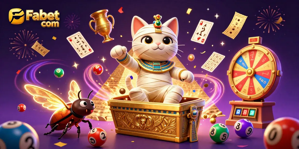 Engage with the vibrant Fabet com casino scene featuring a mummy cat, golden wings, and lottery excitement.