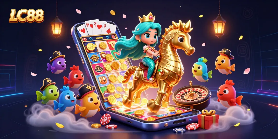 Engage with LC88's vibrant gaming world through a 3D cartoon mermaid and rich casino elements.