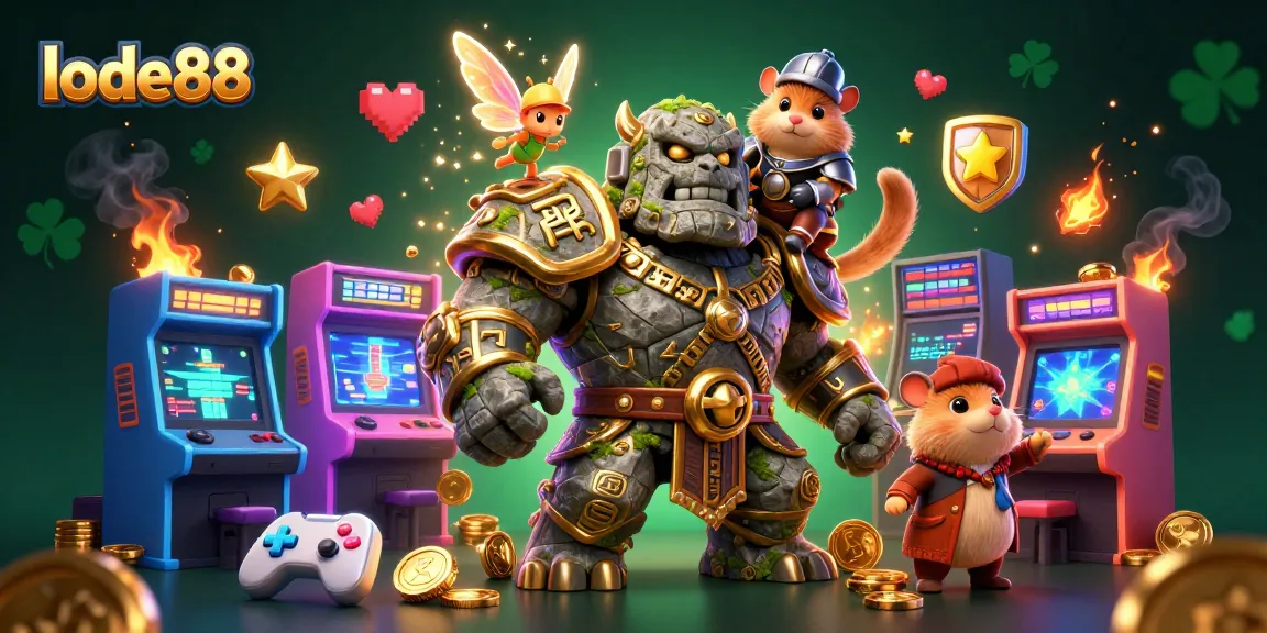 Engage with lode88 as a stone golem guardian, a fairy, and a hamster knight in a dynamic casino scene.