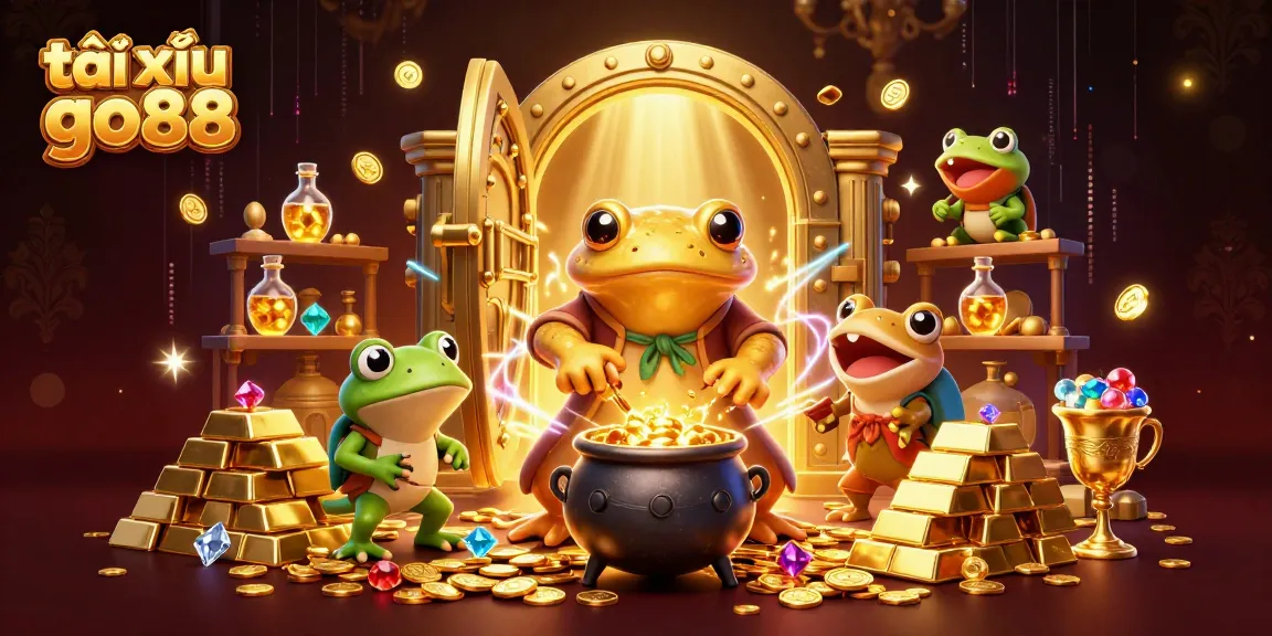Tài xỉu go88 shines bright with gold coins and treasures in a vibrant casino-themed digital illustration.