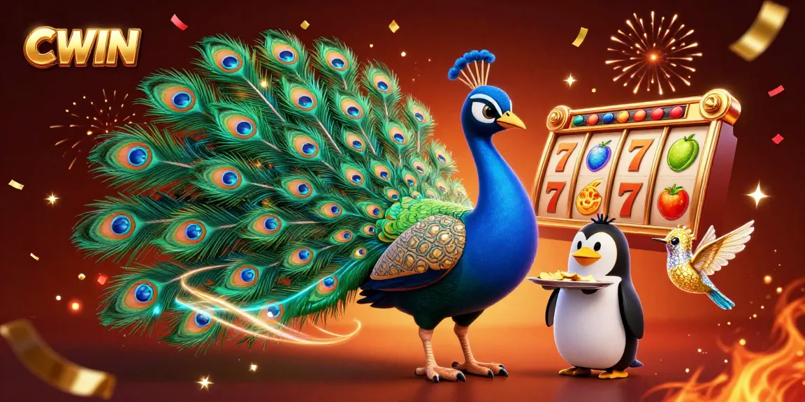 CWIN presents a vibrant casino scene with a peacock, penguin, and hummingbird celebrating amidst slot reels and festive confetti.