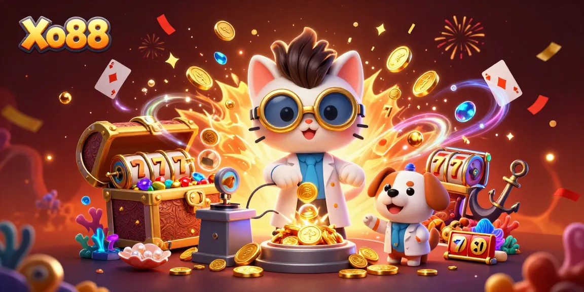Xo88 showcases thrilling jackpot action with a mad scientist cat and loyal dog creating gold-coin magic.