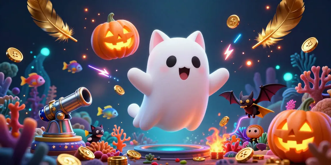 Bắn cá xx88 captivates players with vibrant underwater action as a ghost cat and bat explore.