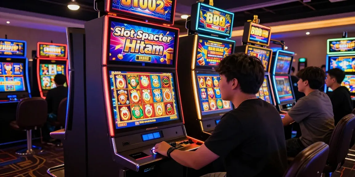 Excited player winning at Slot Scatter Hitam in vibrant casino atmosphere with colorful slot machines.