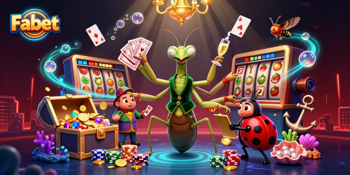 Fabet's vibrant casino scene showcases slot reels and a giant praying mantis card sharp.