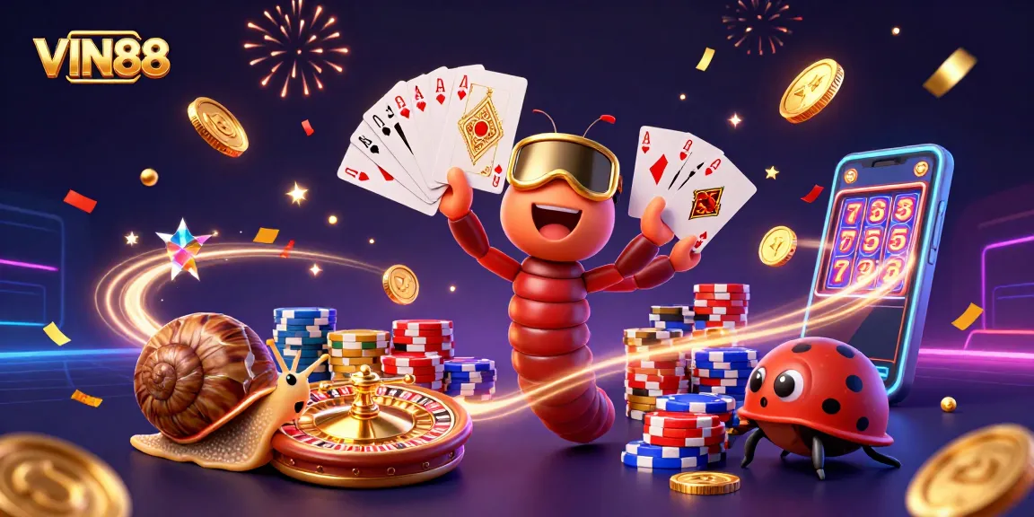Experience thrilling gaming at VIN88 with a vibrant casino scene featuring dynamic characters and dazzling elements.
