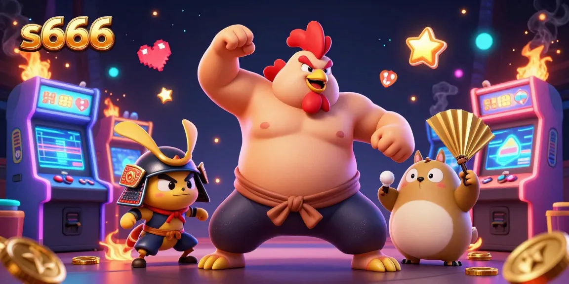Experience the thrill of s666 gaming with an engaging 3D illustration of a powerful sumo wrestler rooster and samurai cricket in action.
