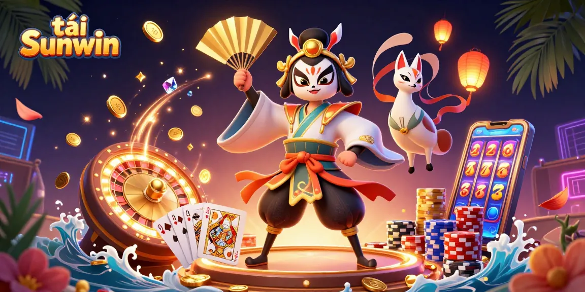 Engage with the excitement from tải Sunwin through an artistic casino scene with kabuki characters and dynamic elements.