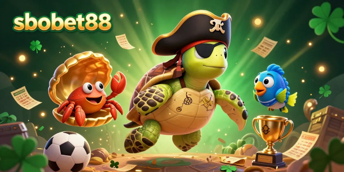 Place bets and win big with sbobet88, featuring a playful pirate turtle and sporting elements.