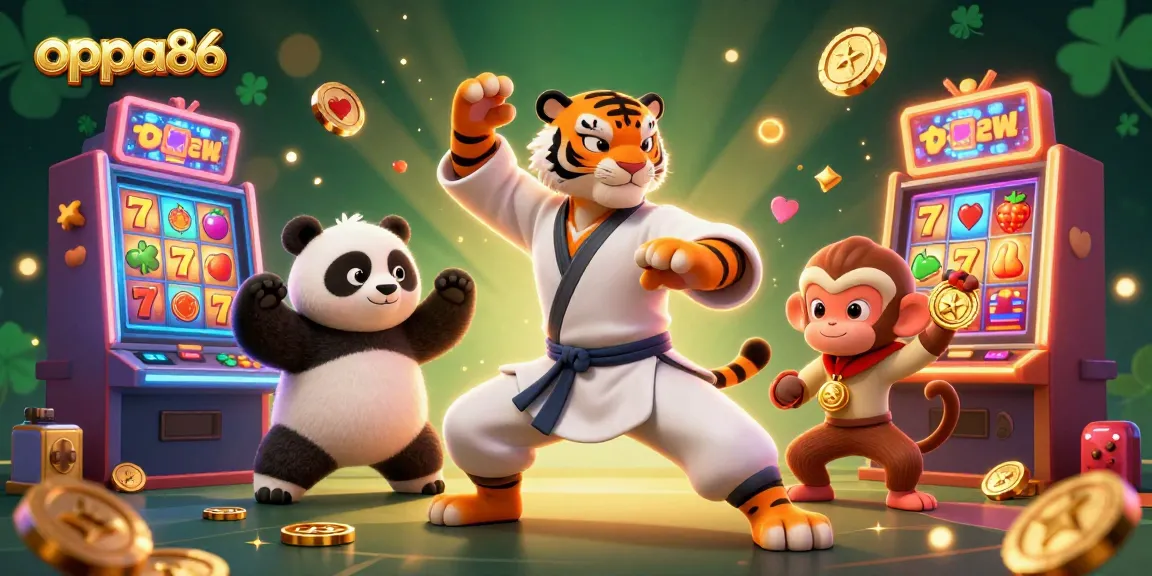 oppa86 showcases a vibrant casino scene with a kung fu tiger master and playful characters.