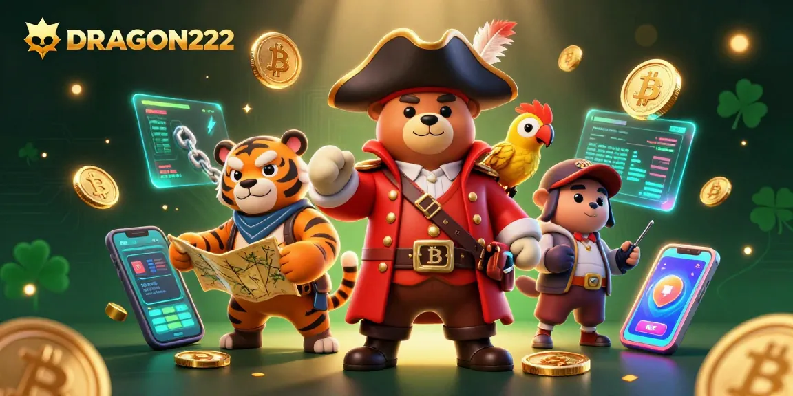 Experience the excitement of DRAGON222 with captivating illustrations of treasure-hunting characters and crypto elements.