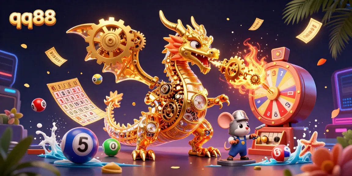 Experience thrilling gaming excitement with qq88, featuring a golden dragon and lottery elements in a dynamic casino scene.
