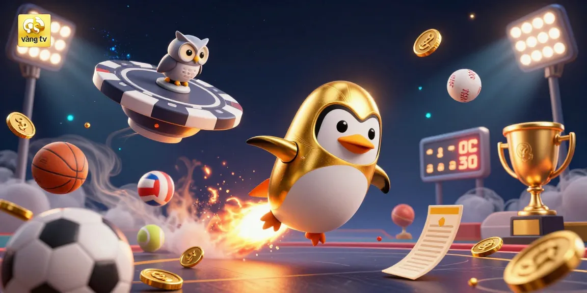 Engage with gà vàng tv through a vibrant casino adventure with a golden penguin and sports elements.