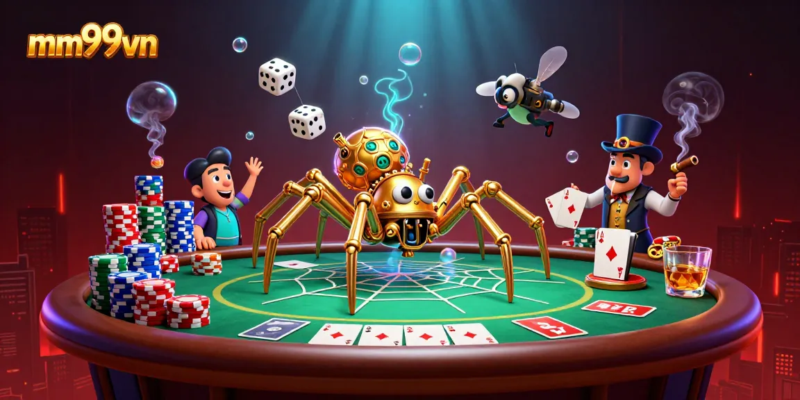 Engage with the captivating mm99vn casino scene featuring a steampunk spider and poker elements.