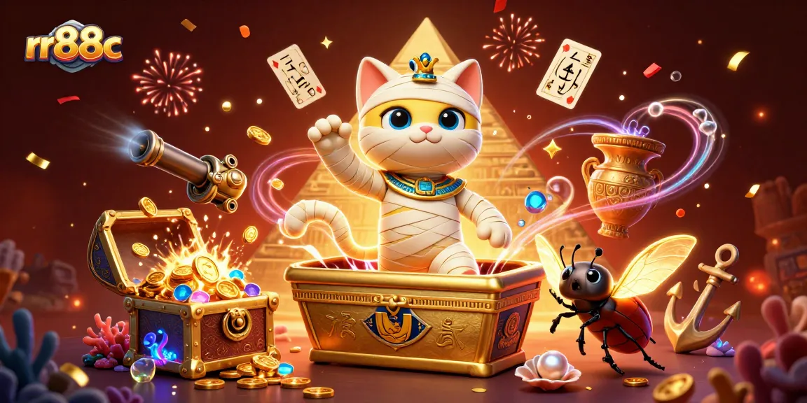 Experience thrilling gameplay with rr88c featuring an Egyptian mummy cat in a vibrant casino scene.