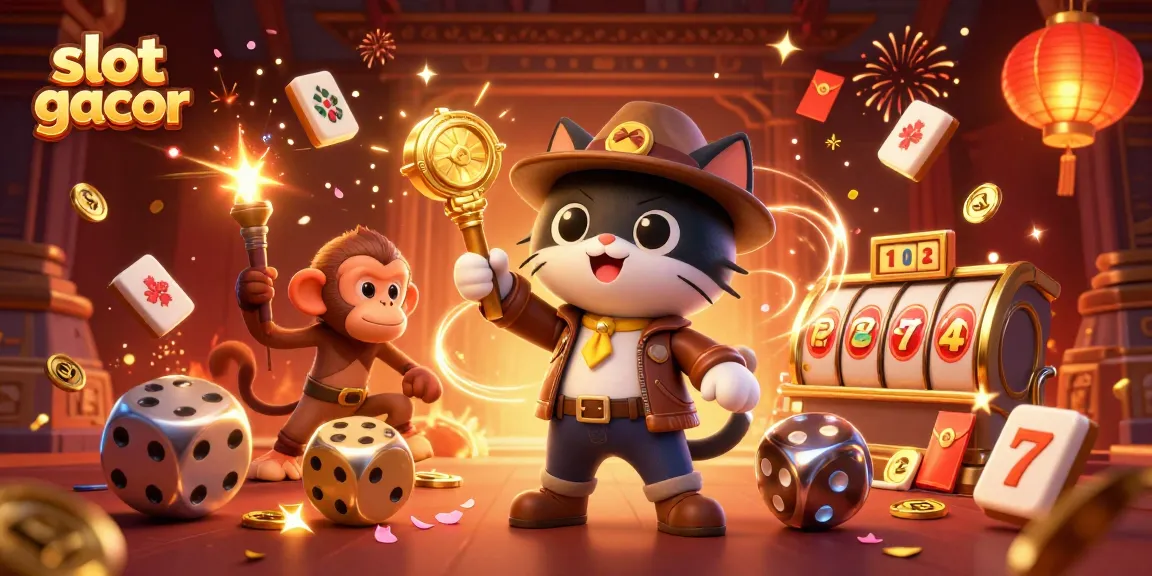 Engage in the excitement of slot gacor with a 3D illustration of a cat archaeologist and monkey amidst vibrant casino symbols.
