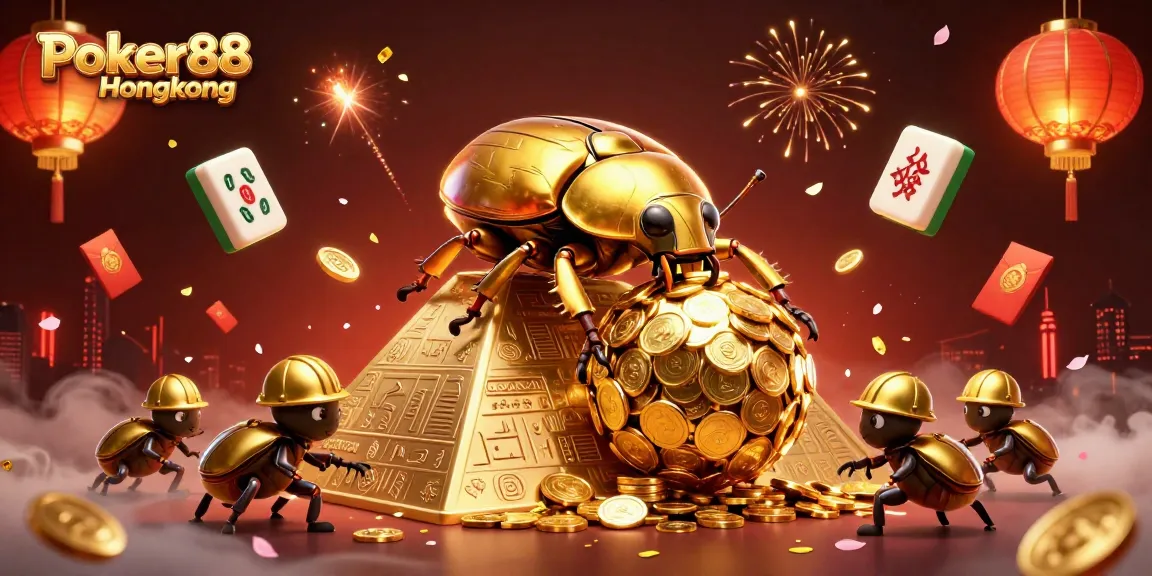 Engage in Poker88 Hongkong with an exciting scene of a golden dung beetle rolling coins up a pyramid.