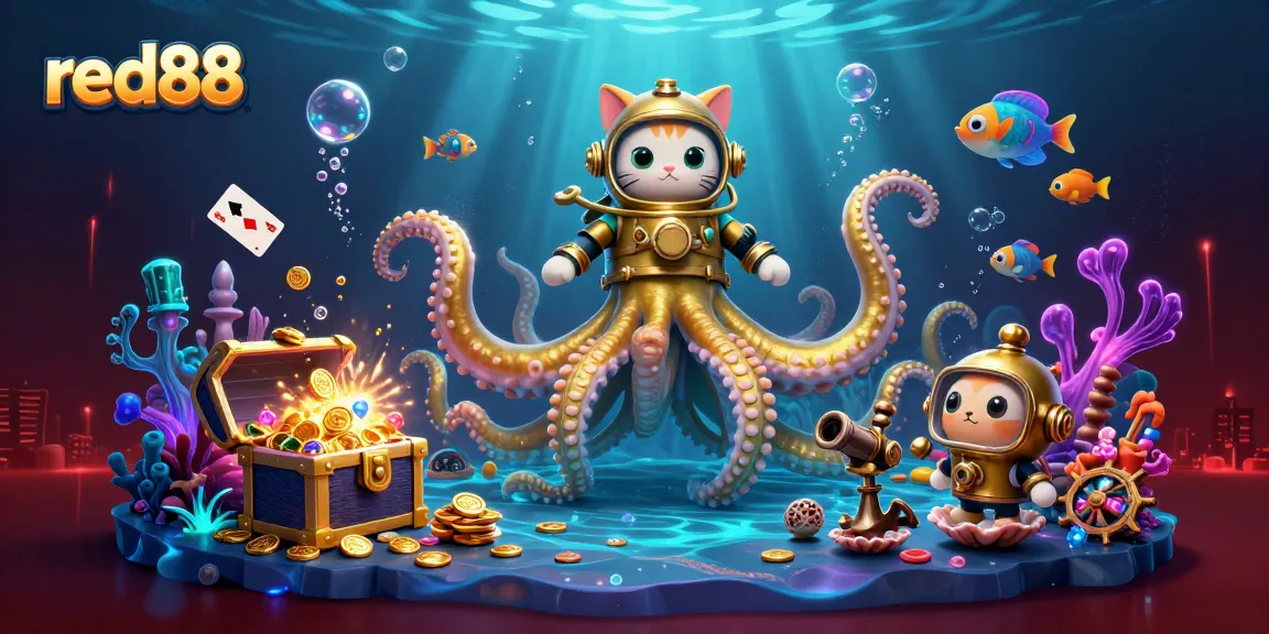 Engage with red88's thrilling underwater adventure featuring the kraken, diving cat, and bioluminescent fish.