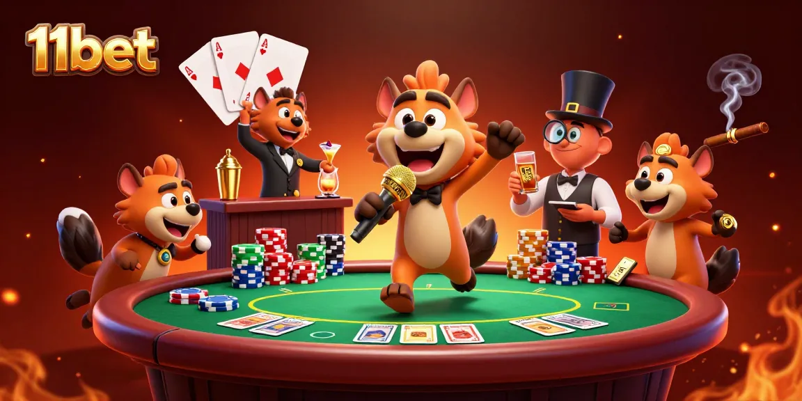Enjoy 11bet's thrilling comedy casino club experience with lively hyenas and poker elements.