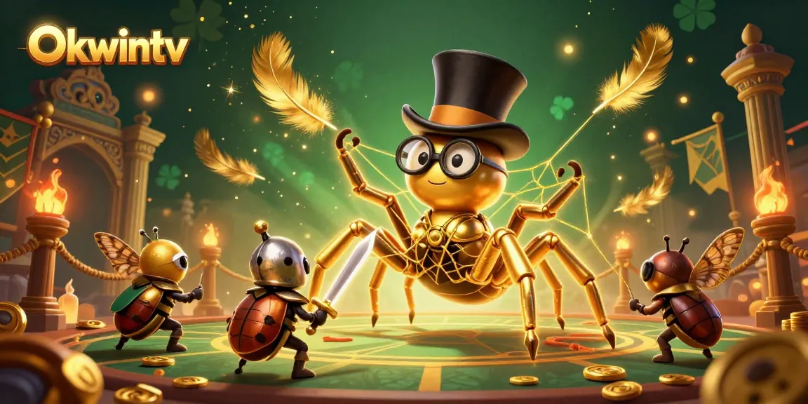 Experience thrilling betting action with Okwintv's vibrant 3D casino scene featuring a golden tarantula.