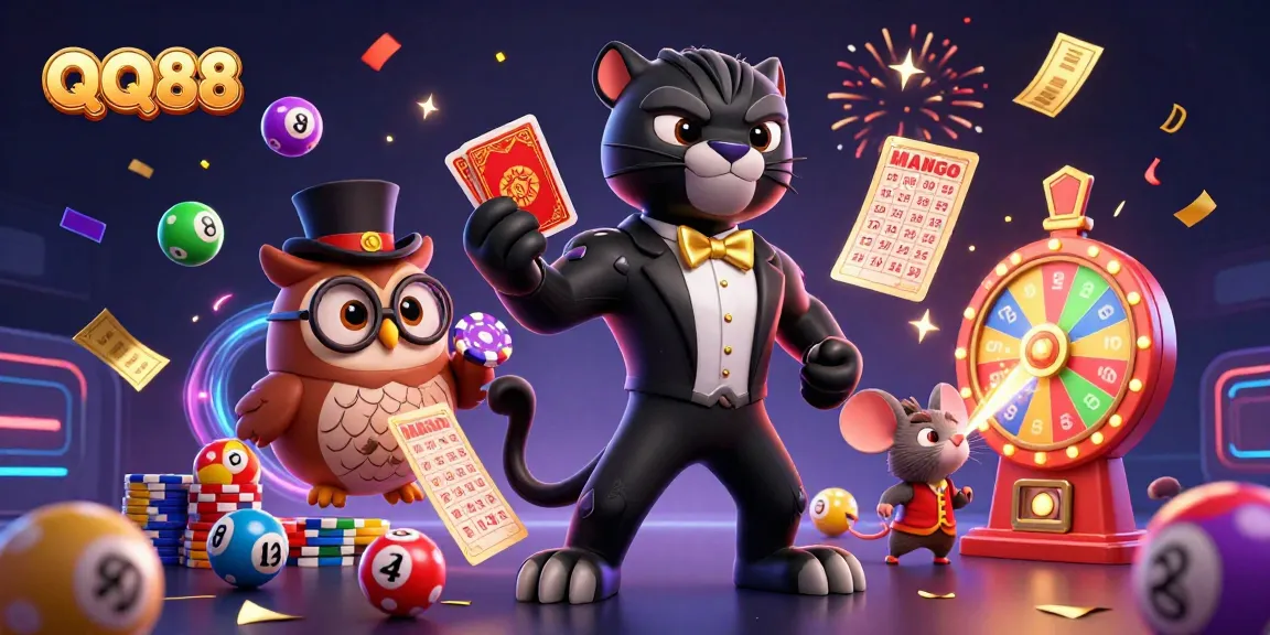 Experience QQ88 excitement with a stylish black panther, owl, and lucky mouse at a vibrant casino!