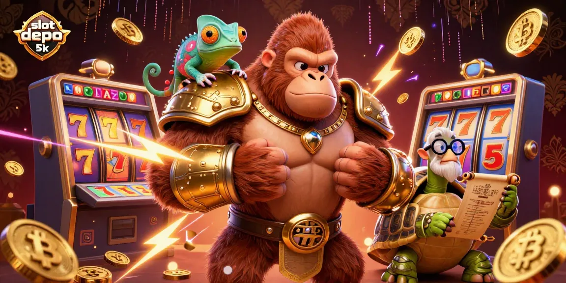 Engage with the thrilling slot depo 5k experience flanked by 3D characters amidst vibrant casino elements.