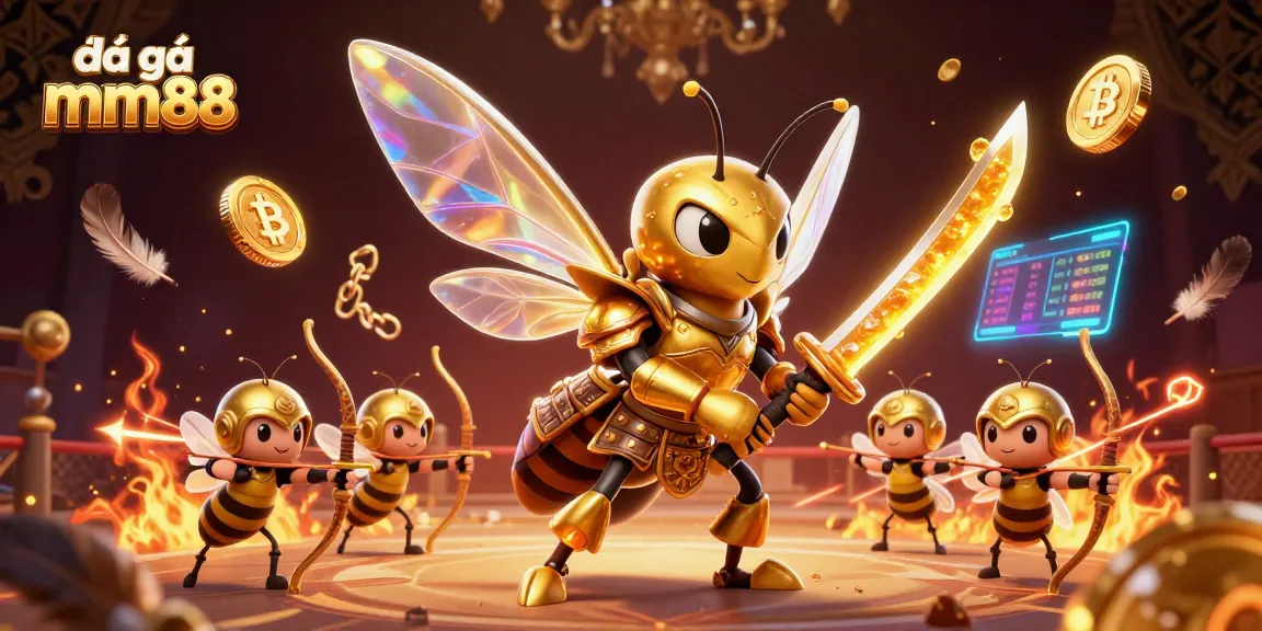 Engage in exciting đá gà mm88 action with a dynamic 3D illustration showcasing a golden hornet samurai in a vibrant cockfighting arena.
