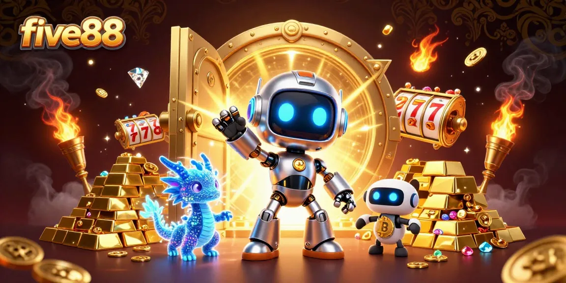 Experience thrills with five88's neon-cyberpunk robot in a dynamic casino atmosphere.