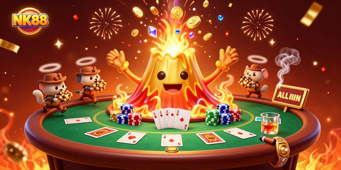 NK88 showcases an exciting 3D casino scene with a golden volcano erupting treasure, perfect for online gamblers.